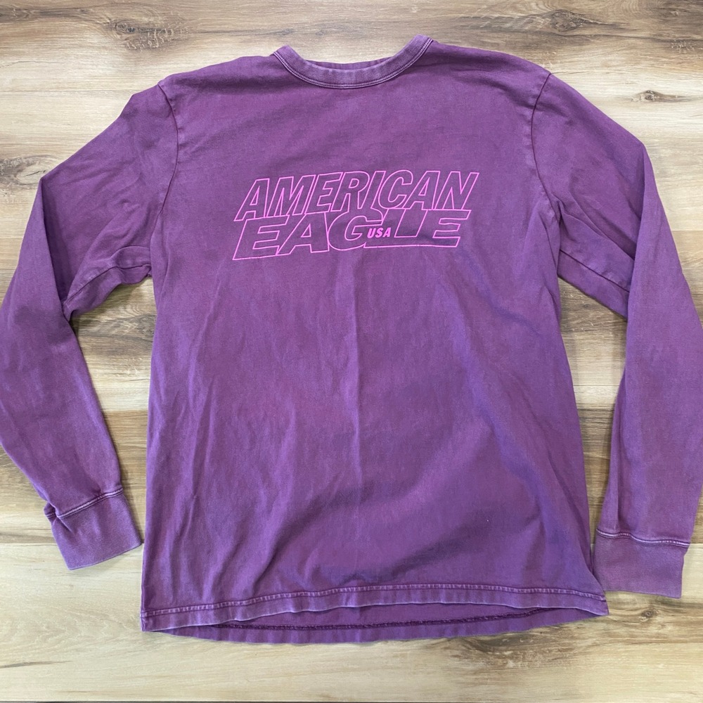American Eagle Long Sleeve Shirt Size M Graphic Logo 100% Cotton Standard Purple